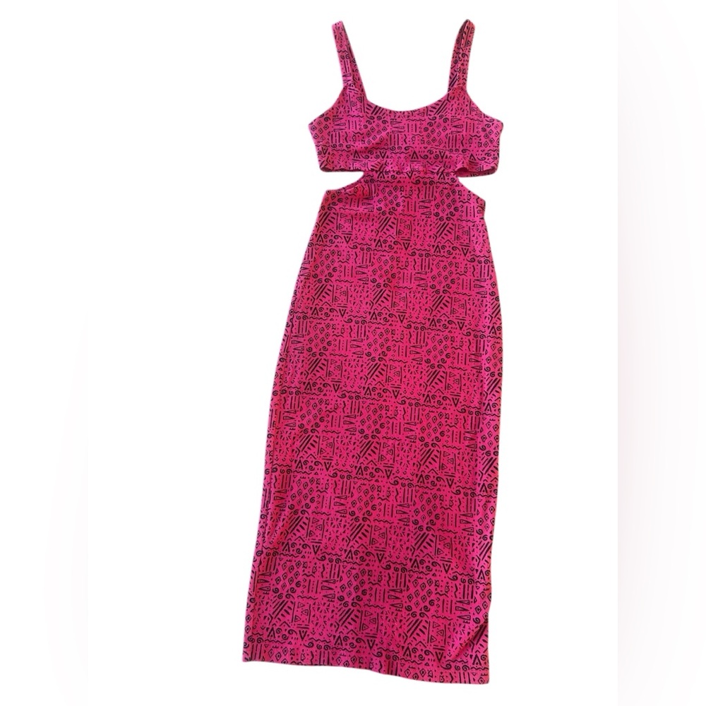 Y2K Material Girl Midi Bodycon Pink and Black Patterned Cutout Dress Ribbed